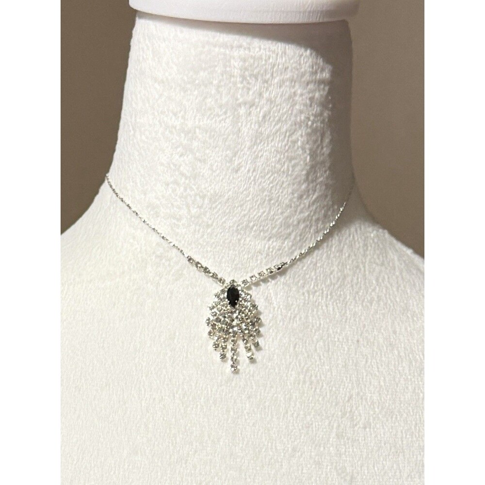 Vintage Art Deco Rhinestone Chandelier Necklace with Black Crystal Center